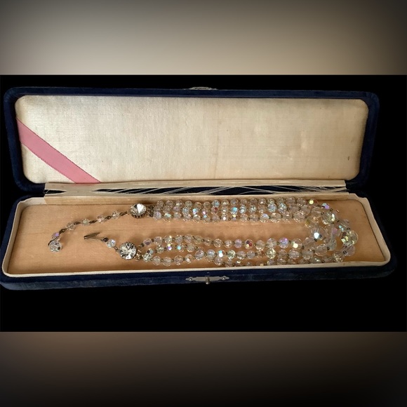 Vintage Aurora Borealis Three Strand Crystal Necklace in Original Case - Picture 1 of 7